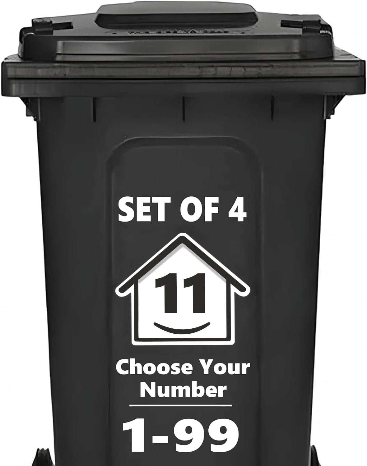 4 x Bin Numbers for Wheelie Bins, 1-99, 15cm ‘Happy House’ Design Dustbin Stickers, Easy Application Stick On Number Stickers - Weatherproof Self Adhesive Vinyl, Black (11)