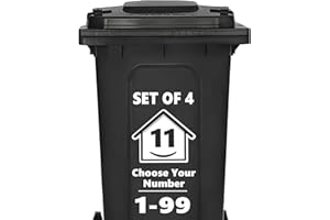 RUBIGO 4 x Bin Numbers for Wheelie Bins, 1-99, 15cm ‘Happy House’ Design Dustbin Stickers, Easy Application Stick On Number Stickers - Weatherproof Self Adhesive Vinyl, Black (11)