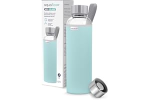 Aquafloow Borraccia con Custodia 700 ml, in Vetro borraccia acqua Borosilicato Trasparente con Coperchio Protettivo e Tappo a Vite, Ideale per Lavoro, Scuola, Fitnes – Bleu clair