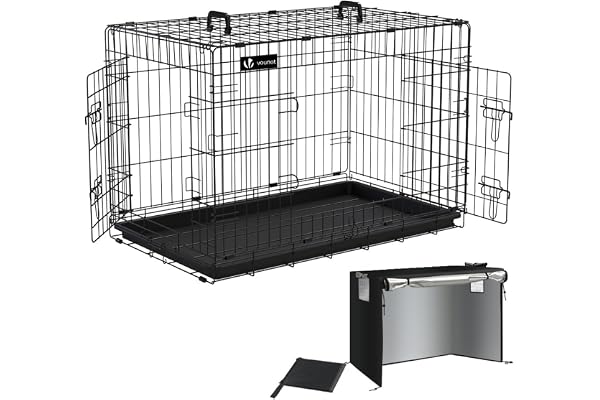 VOUNOT® Cage pour Chien Pliable avec 2 Portes Verrouillables et Plateau Amovible Cage Chien Pliante en Métal Cage de Transport pour Chien avec Housse de Protection 92x58x64cm Noir