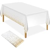 ELECLAND - Party Tablecloth, White and Gold, Plastic Tablecloth, 54" x 108", Gold Polka Dot Confetti Table Cover, Rectangular
