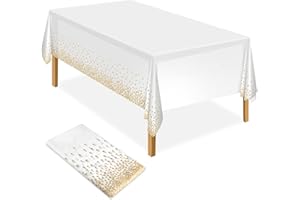 ELECLAND White and Gold Party Tablecloth Plastic 137x274cm Gold Dot Confetti Rectangular Table Cover for Picnic, Baby Shower, Halloween, Christmas, Birthday Decorations