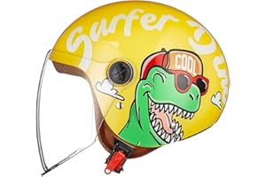 ‎FREEUP Motorradhelm Kinder Mädchen Junge, Kid Jet Helm mit Visier, Dinosaurier Mofa Helm Kids Scooter Fahrradhelm, Schnellverschluss, Herausnehmbar, Waschbar, 48-55cm, Gelb