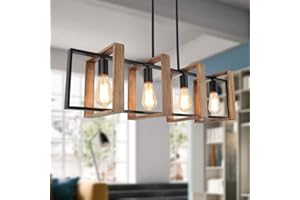 minifair Éclairage d'îlot de cuisine, lustre moderne noir pour salle à manger et ferme, lampes de table de billard, finition bois et métal noir mat (4 têtes, bois)