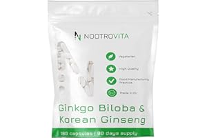 Ginkgo Biloba Hochdosiert + Ginseng 180 Kapseln - Premium Ginko Biloba Extract und Korean Roter Panax Ginseng | Vegan, Allergen und Gluten Frei | Nootrovita