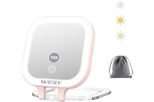WEILY Lusterko kieszonkowe z oświetleniem, powiększenie 1X/10x, dwustronne lusterko podróżne, lusterko do makijażu z 3 kolorami światła, ładowane przez USB, przenośne lusterko ręczne do makijażu
