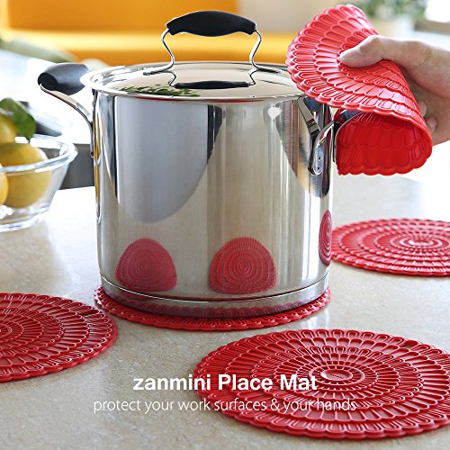 zanmini Salvamanteles Silicona 4 Unidades, Resistente hasta 200°C, Protector de Mesa, Olla y Sartén, Mantel Multiusos, Escurreplatos, Fácil de Colgar, Rojo