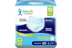 EzeLyfe Premium Adult Incontinence Pants Pull Up Diaper for Men and Women, Maximum Absorption, Ultra Soft, Anti-Leak Security, Breathable (L (Pack of 10))