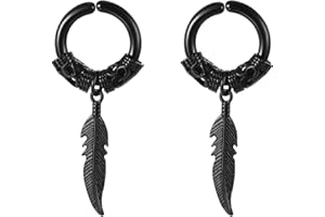 Flongo Feather Non Pierced Earrings: Unisex Embrace Circle Clip On Gothic Pendant Hinged Fake Ear Rings - Stainless Steel Huggie Earrings Jewelry Gifts for Husband Wife Girlfriend Lover
