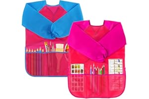 Hanmulee Kids Art Aprons, ( Yellow + Pink + Red ) Waterproof Children Painting Apron with Pockets, Long Sleeve Art Smock Artist Painting Aprons For Children Age 2 3 4 5 6 Boy Gir
