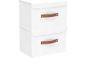 Yawinhe Collapsible Storage Box, Fabric Bin with Lids 2 Pack, Closet Baskets with Handle, for Organizing Clothes, 38x25x25cm, White, SNK018WL-2