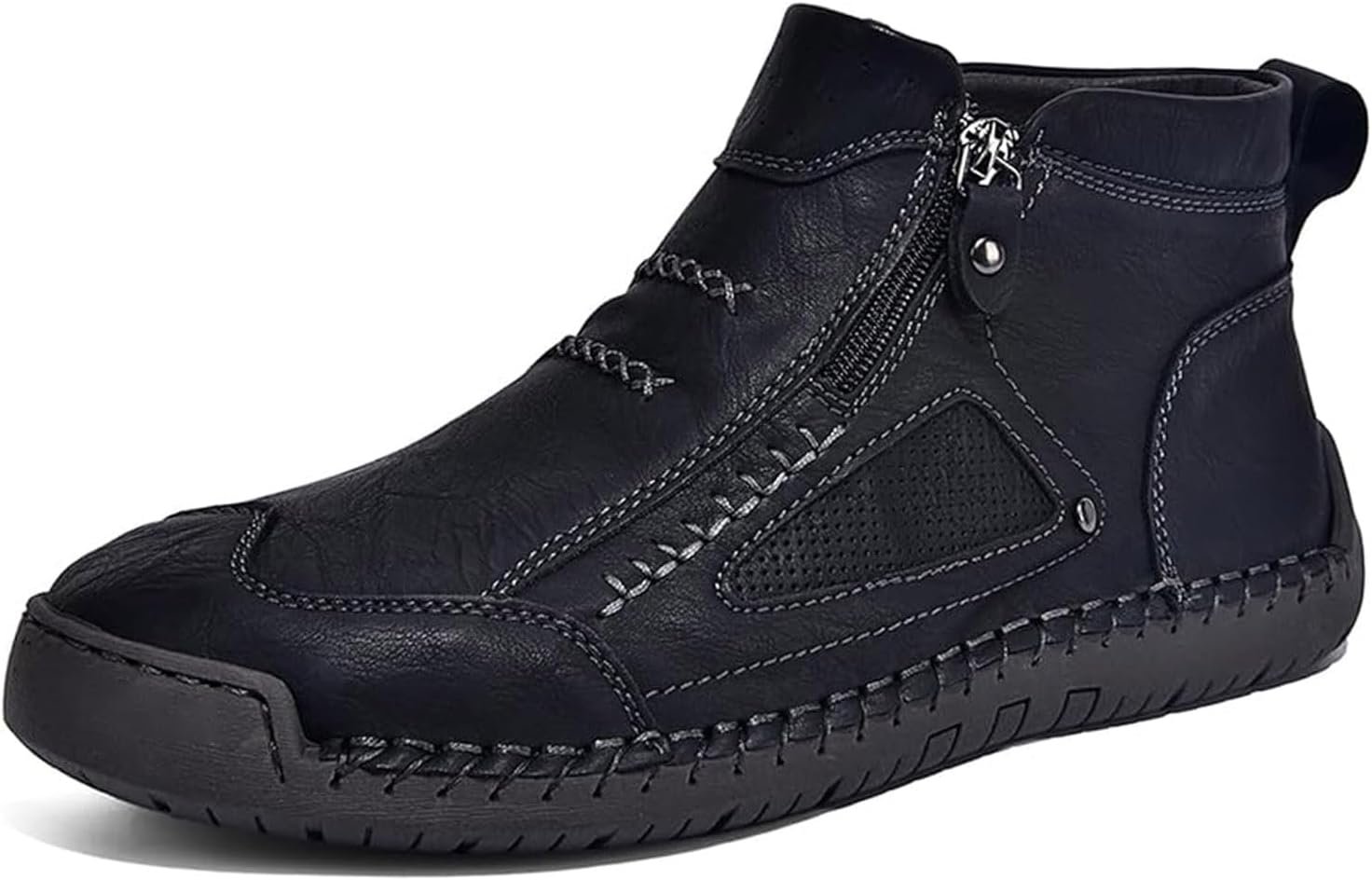 YHTRFDMSG Men's High Top Loafers Shoes,Handcrafted Leather Waterproof Non-Slip Orthopaedic Ankle Boots Side Zipper Hiking Orthopedic Fleece Slip-On Footwear for Outdoor Walking