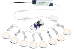 AIBOO Linkable Under Cabinet LED Lighting 12V Dimmable Puck Lights Hardwired with Wireless RF Remote Control for Kitchen Mood Lighting(8 Lights, Warm White)