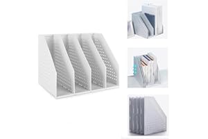 Marte Vanci Collapsible Magazine File Holder Desktop Book Organiser Lever Arch File Storage Folder Document Rack Divider Adjustable for Office School Desk Shelves 4 Compartment (Light Grey)