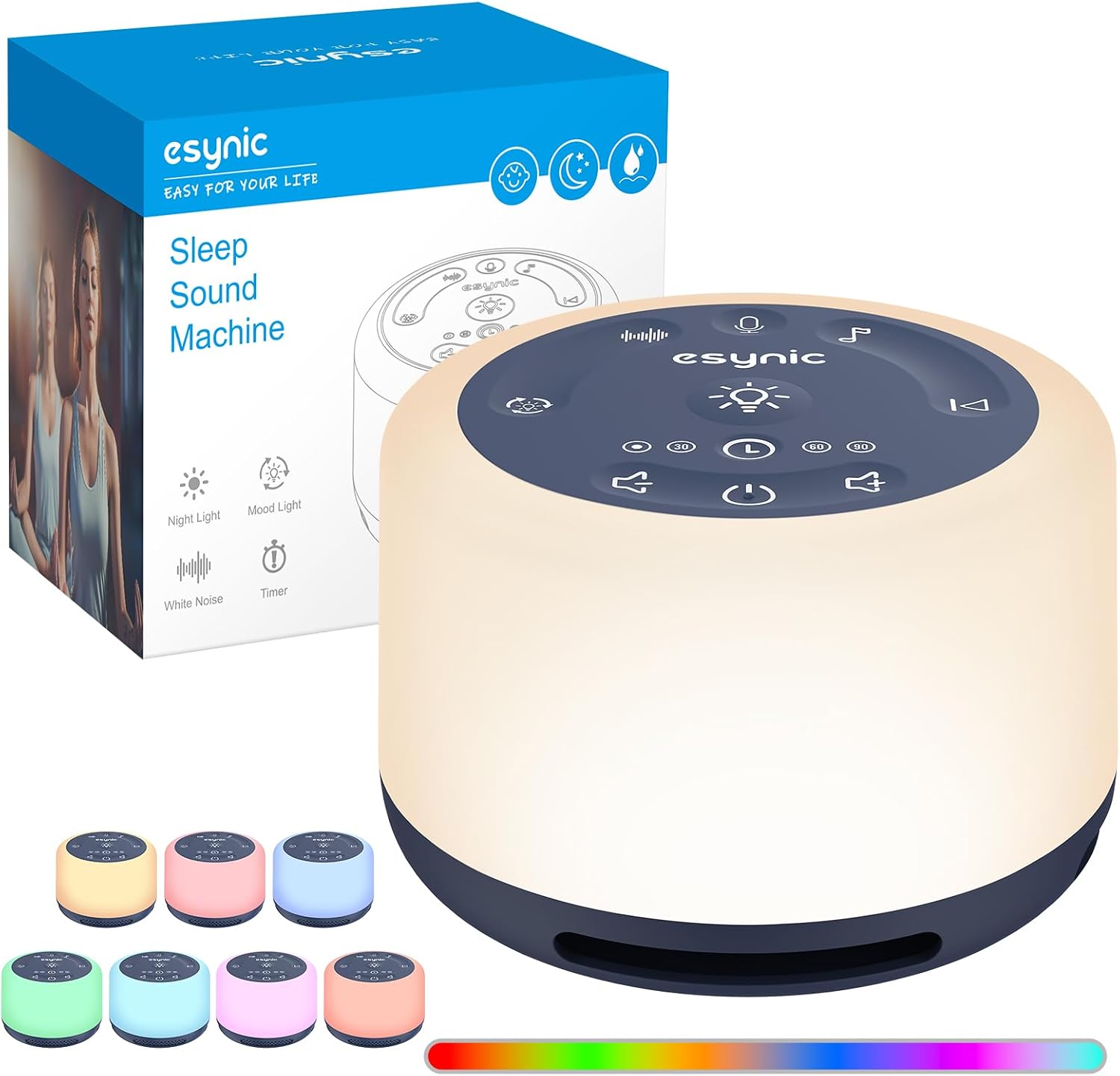 Máquina de Ruido Blanco eSynic Máquina de Sonido Portátil para Dormir para Bebé con 30 Tipos de Sonidos Relajantes, Luz Nocturna Ajustable,Temporizador, Batería incorporada de Gran Capacidad