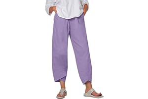 DABAOK Womens Casual Trousers Cotton Linen Cropped Pants Loose Fit Straight Elasticated Waist Chino Bottoms with Pocket