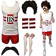 RIDDLED WITH STYLE Womens Unisex Mens 118 Set Fancy Dress Costume Marathon Retro Sleeveless Vest Short full set, Shorts, TASH, Socks and Wig Set For Unisex UK Sizes Small To X-Large