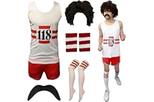 RIDDLED WITH STYLE Unisex Mens Womens 118 Set Fancy Dress Costume Marathon Retro Sleeveless Vest, Shorts, TASH, Socks and Wig Set For Unisex UK Small To X-Large