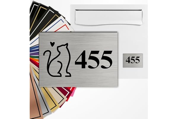 Numéro de boîte aux lettres personnalisé – 3 tailles – Gravure laser – 22 couleurs – Avec ou sans motif (Acier brossé texte noir)