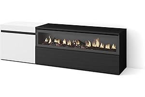 Skraut Home | Mueble TV | Televisión | Muebles de salón, almacenaje | 150x45x35cm | para TV hasta 65" | Chimenea eléctrica | Estilo Moderno | Blanco y Negro