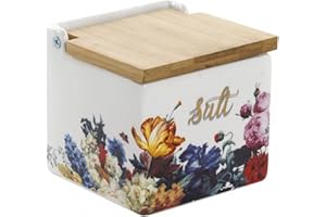 Hogar y Mas Salero Cocina Floral con Tapa de Madera Bambú, 750 ml, Almacenamiento de Especias. Tarro/Bote Conservas 11x11x11 cm