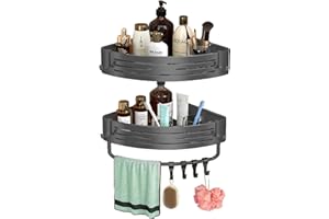 Szjinbao Nowoczesny narożny pojemnik prysznicowy w kolorze srebrno-szarym, 2-pak z 8 haczykami i koszem, odporny na rdzę i zarysowania, nie wymaga wiercenia