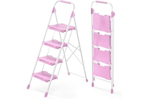 KINGRACK 4 Step Ladder, Sturdy Step Stool with Handrail, Anti-Slip Wide Pedals, Foldable Step Stool for Home, Garage, Garden, Safety Locking, Pass 900LBS Testing, Pink