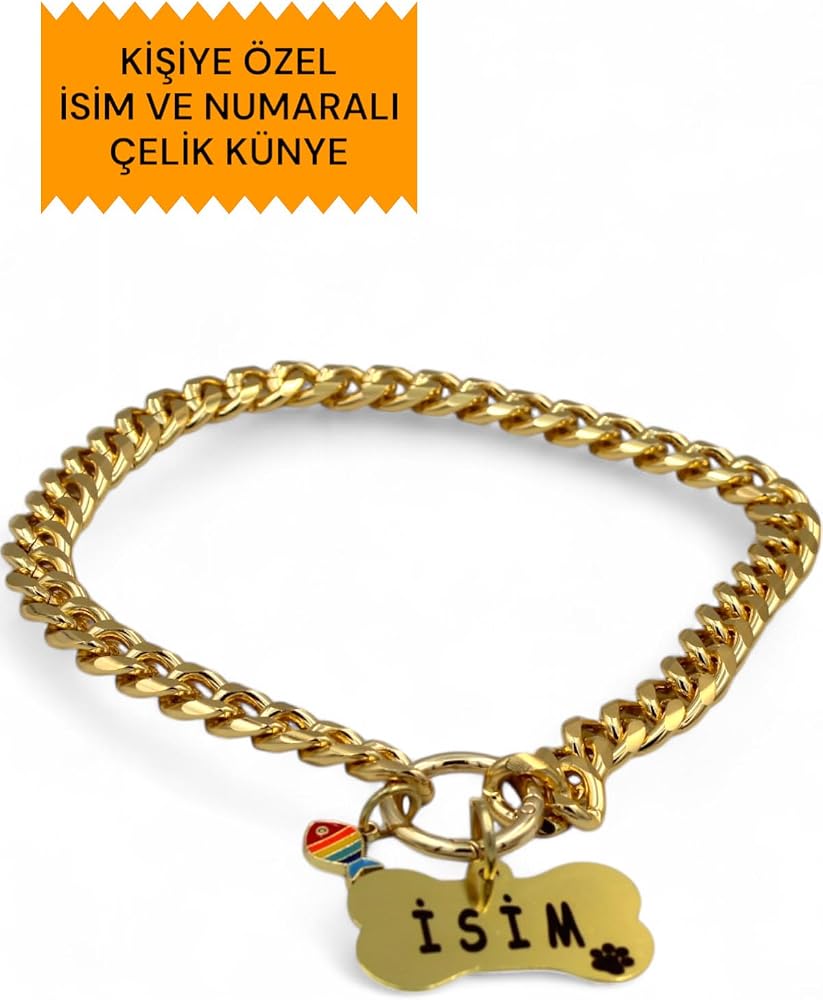 caramelos İsimli Köpek Tasması- Köpek Zincir - Paslanmaz Çelik Köpek Kolyesi - Köpek Kolye - Orta ve Büyük Irk SOFT GOLD-L
