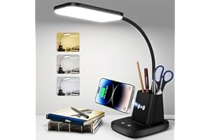 hansang Desk Lamp, LED Desk Lamps for Home Office, Wireless Charger Small Desk Lamp with Pen Holder, 3 Color Modes, Dimmable, CRI 85, 800 LM, Study Lamp for College Dorm Room, Adapter Included, Black