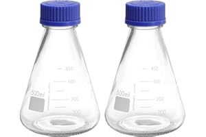 PATIKIL Erlenmeyer Flask, 2 Pcs 500ml Narrow Mouth Graduated Flasks with Screw Cap Borosilicate Glass Flasks with Printed Graduation for Lab, Experiment, Chemistry, Science Study