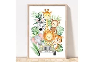 Rubybloom Designs Safari Jeep Jungle Animal Nursery Print - A4 (21cm x 29.7cm) UNFRAMED - Personalised Childrens Name Giraffe Tiger Lion Elephant Zebra Monkey Wall Art