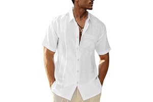 LVCBL Men's Linen Shirt Short Sleeve Summer Shirt Men Casual Shirt with Breast Pocket Regular Fit Men Shirts