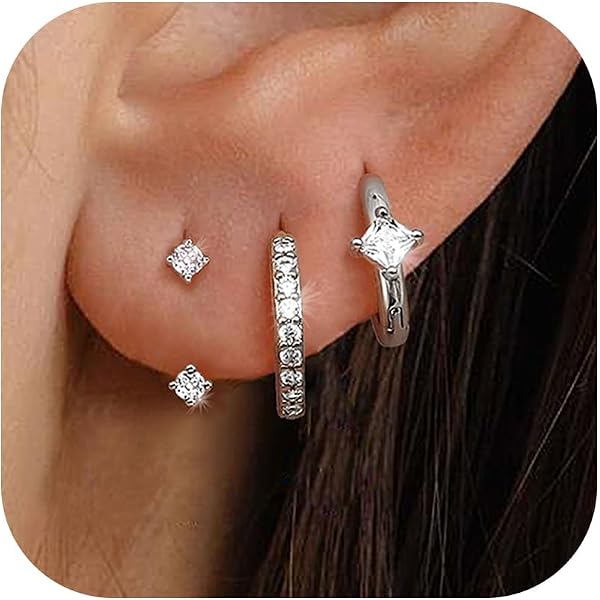 Set 3 Paia Orecchini In Argento 925 DORANA - Punti, Cuori, Stelle E Fiori - Ipoallergenici, Piccoli, Per Piercing Multipli E Cartilagine