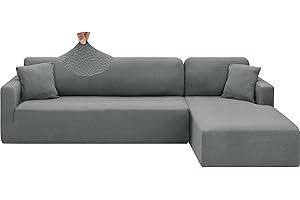 CHELZEN Housse de Canapé Elastique Peninsula en Forme de L, 2 Pièces Housses de Canapé d'angle, Housse de Canapé pour Chaise Longue avec Deux Taies d'oreiller (2 Place+3 Place, Gris Clair)