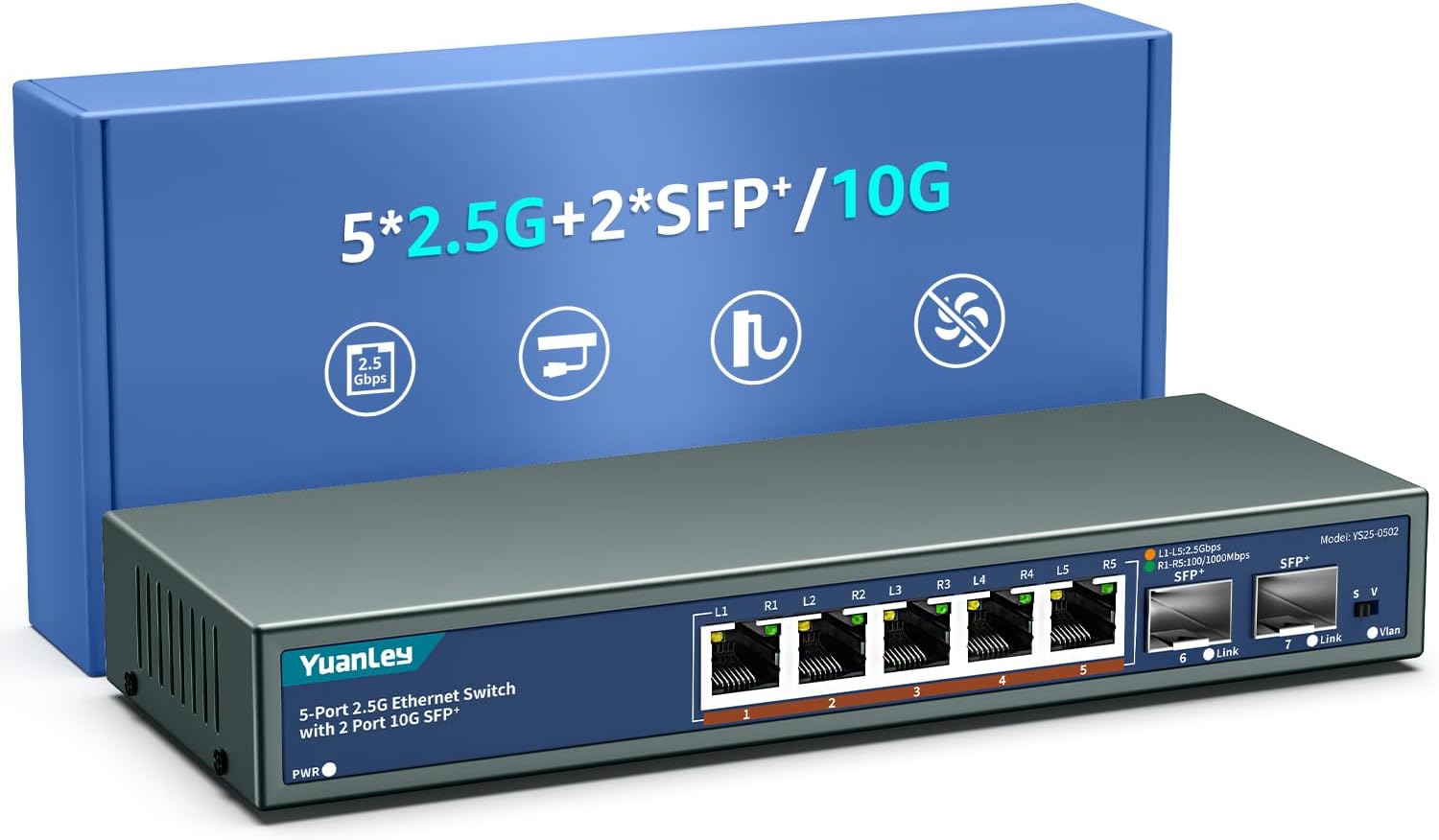 7 Puertos 2.5G Switch Ethernet Umanaged, 5 Puertos 2.5G Base-T, 2 Puertos 10G SFP, Compatible 10/100/1000Mbps, Fanless Pared Conmutador de Red YuanLey 2.5Gbe para Ap Inalámbrico, NAS, PC