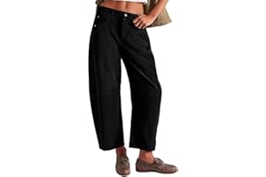 SotRong Vintage Corduroy Trousers Women Barrel Mid-Rise Elasticated Waist Cord Pants Casual Loose Fit Baggy Wide Leg Capris Harem Pants Winter Warm Leisure Trousers with Pockets