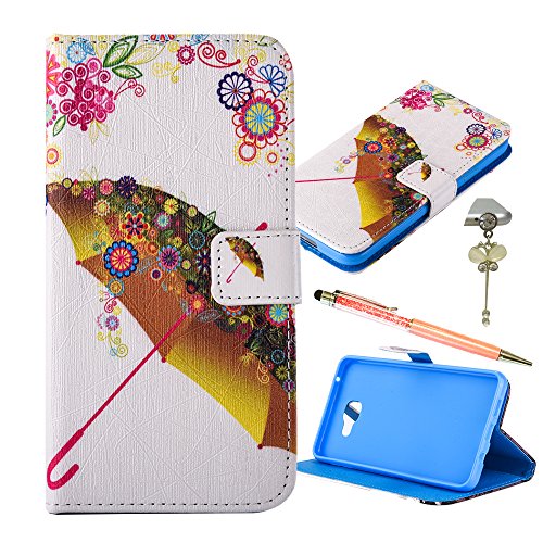 Samsung Galaxy A3 ( 2016 ) Schutzhülle Leder Hülle, Alfort 3 in 1 Flip Wallet Fashion Design Dual Use Falten Premium PU Leder Tasche Case Cover Flip Mappen Kasten Abdeckung für Samsung Galaxy A3 / SM-A310F ( 2016 ) 4.7" Smartphone Funktion Unterstützte Telefone mit Bunte Regenschirme ( Farbe ) + Netter Staub Stecker + Kristall Stylus Stift