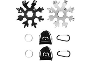 MATHARAGO Snowflake Multitool, 2pcs Snowflake Tool Stainless Steel 18 in 1 Snowflake Multitool with Carabiner Clip, Keyring and Storage Bag for Men's Present(Black and Silver)