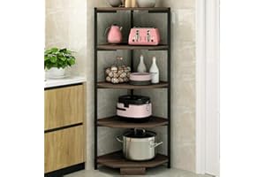 BAKAJI Scaffale Angolare 5 Ripiani Struttura in Metallo Piani in Legno Libreria Scaffalatura ad Angolo Multiuso Mobiletto Cucina Bagno Dimensione 40 x 40 x 120 cm design Moderno industriale (Nero)