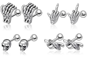 AllerPierce 4 Pairs Punk Stud Earrings Cartilage Tragus Earring Studs Stainless Steel Gothic Skull Hand Skeleton Bone Studs Mens Earrings Silver Black Vintage Rock Biker Ear Piercing Earrings