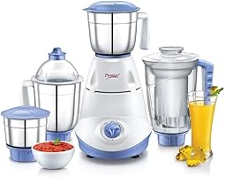 Prestige Iris(750 Watt) Mixer Grinder with 3 Stainless Steel Jar + 1 Juicer Jar,White and Blue