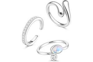 FANCH 3PCS Silver Toe Rings for Women Hypoallergenic Adjustable Band Tail Open Minimalist Teardrop Zircon Moonstone Toe Rings Summer Beach Foot Jewelry Set