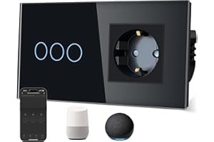 TAWOIA Normal Socket with Smart Wi-Fi Light Switch (Neutral Conductor Required), Glass Panel, Voice Control for Alexa, Compatible with Smart Life and Tuya App, Triple 1-Way, Black