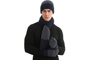 Hilmocho Herren Hut Schal Handschuhe Set 3 in 1 Winter Warm Gestrickte Mütze Lange Schal Touch Screen Handschuhe Geschenk Set