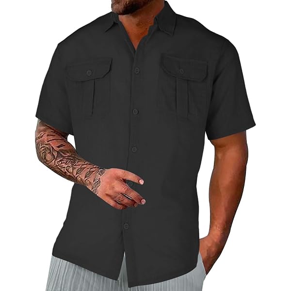 HEONSATI Maglietta T-Shirt Da Uomo Estivo Maglietta Manica Corta Leggero Camicia Eleganti In Lino Ampia Traspirante Shirts Collo Coreana Vestibilità Mare Camicie Casual Estivi Slim Fit Comode - 10