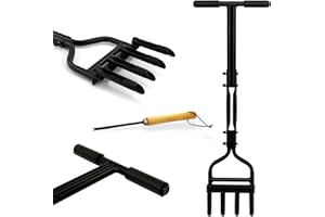 Crystals 4 Prong Hollow Tine Lawn Long Handle Aerator, 18mm Dia Prongs for Aerating Boggy Grass, Airing Tool with Hollow Tine, Lawn Garden Core Aerator Cleaning Tool - Black
