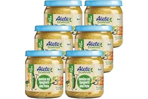 ‎ALETE Alete bewusst BIO-Gemüse mit Spaghetti und Pute, ab 1 Jahr, Babynahrung im Gläschen mit Gemüse, Nudeln & Putenfleisch Kindermahlzeit in Bio-Qualität, ohne Zuckerzusatz und Aromastoffe, 6 x 250 g