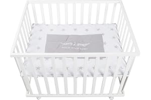 roba Laufgitter Rock Star Baby 75 x 100 cm - Laufstall inkl. Schutzeinlage - Mobiles Krabbelgitter mit Rollen - Holz weiß