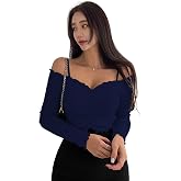 Sugathari Women's Ribbed Solid Open Cold Off Shoulder Long Sleeve Lettuce Hem Casual Autumn Trim Tight- Slim Fitting Ruched F