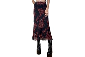 Miolasay Women Y2K Fairy Grunge Midi Skirts High Waist Patchwork A Line Long Skirt Vintage Floral Print Maxi Skirt Grunge Fairycore Streetwear